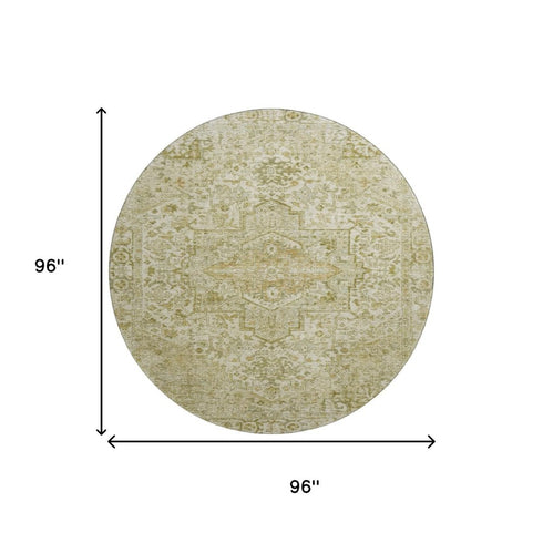 8' Beige And Gold Oriental Washable Round Rug With UV Protection