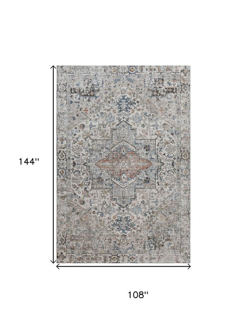 9' X 12' Ivory And Blue Oriental Washable Area Rug With UV Protection