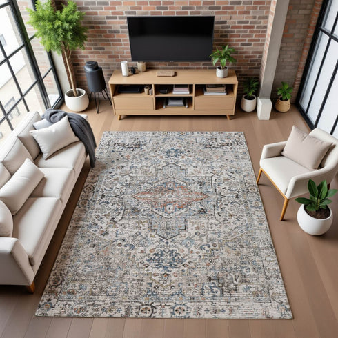 9' X 12' Ivory And Blue Oriental Washable Area Rug With UV Protection