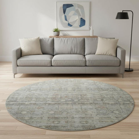 8' Taupe And Beige Geometric Washable Round Rug With UV Protection