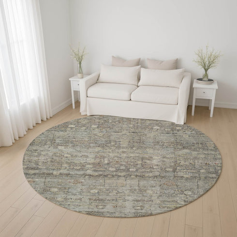 8' Taupe And Beige Geometric Washable Round Rug With UV Protection