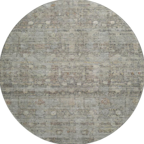 8' Taupe And Beige Geometric Washable Round Rug With UV Protection
