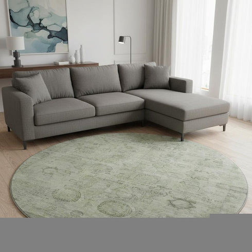 8' Sage And Gray Oriental Washable Round Rug With UV Protection