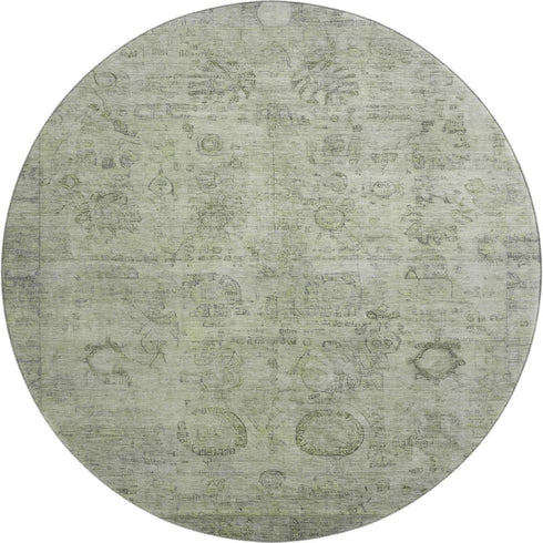 8' Sage And Gray Oriental Washable Round Rug With UV Protection