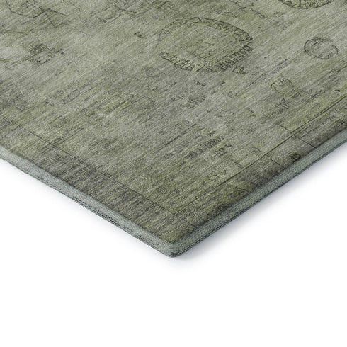8' Sage And Gray Oriental Washable Round Rug With UV Protection