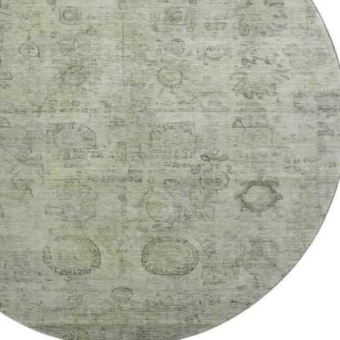 8' Sage And Gray Oriental Washable Round Rug With UV Protection