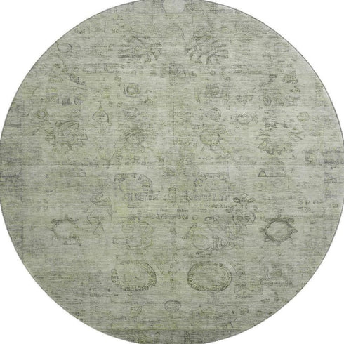 8' Sage And Gray Oriental Washable Round Rug With UV Protection