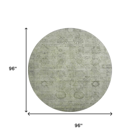 8' Sage And Gray Oriental Washable Round Rug With UV Protection