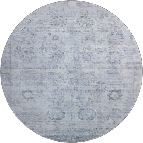 8' Sky Blue And Gray Oriental Washable Round Rug With UV Protection