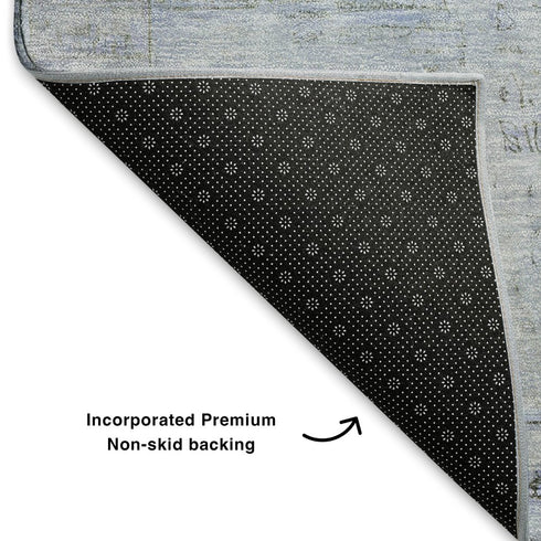 8' Sky Blue And Gray Oriental Washable Round Rug With UV Protection