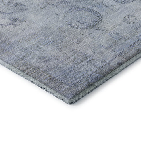 8' Sky Blue And Gray Oriental Washable Round Rug With UV Protection