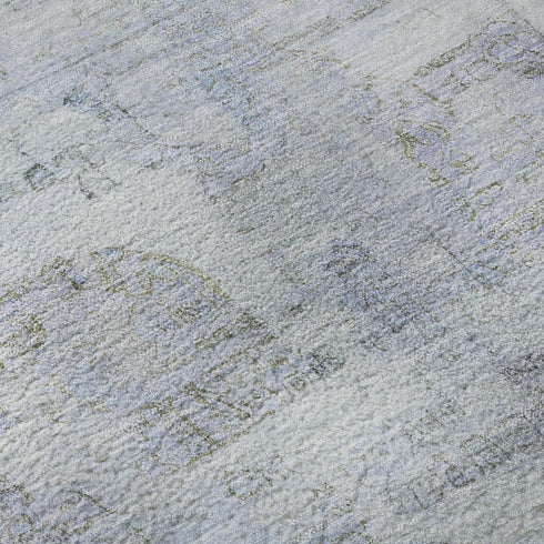8' Sky Blue And Gray Oriental Washable Round Rug With UV Protection