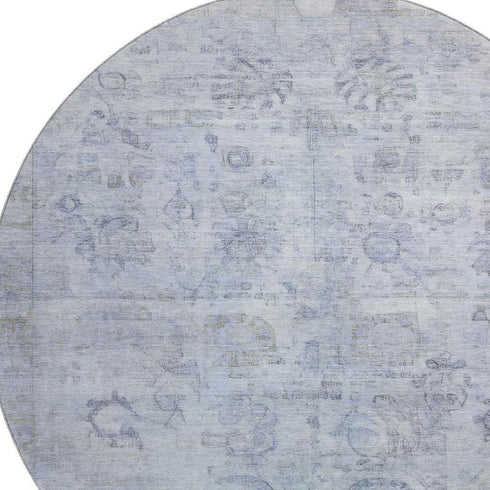8' Sky Blue And Gray Oriental Washable Round Rug With UV Protection