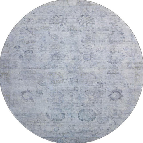 8' Sky Blue And Gray Oriental Washable Round Rug With UV Protection