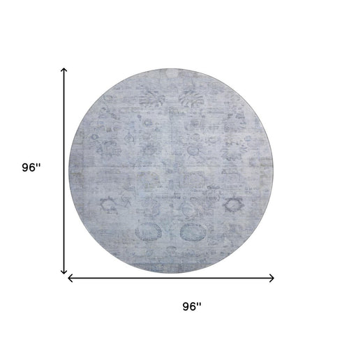 8' Sky Blue And Gray Oriental Washable Round Rug With UV Protection