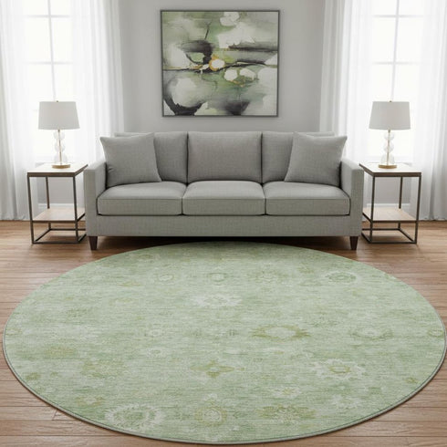 8' Artichoke Green And Ivory Damask Washable Round Rug With UV Protection