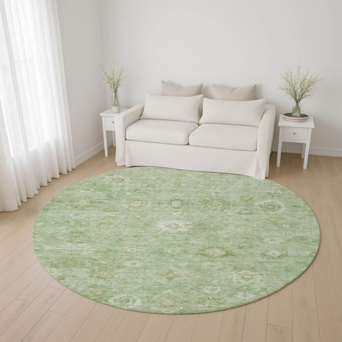 8' Artichoke Green And Ivory Damask Washable Round Rug With UV Protection