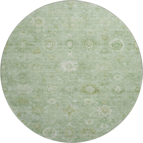 8' Artichoke Green And Ivory Damask Washable Round Rug With UV Protection