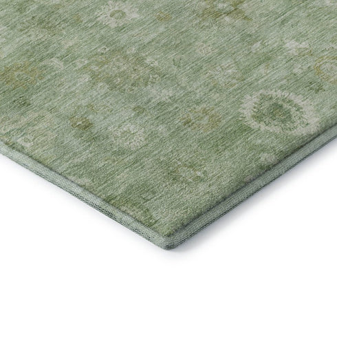 8' Artichoke Green And Ivory Damask Washable Round Rug With UV Protection