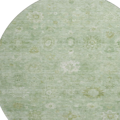 8' Artichoke Green And Ivory Damask Washable Round Rug With UV Protection
