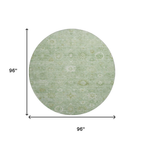 8' Artichoke Green And Ivory Damask Washable Round Rug With UV Protection