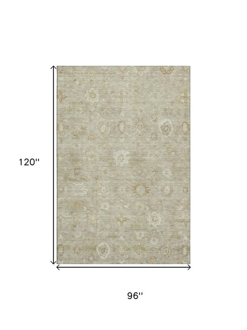 8' X 10' Beige And Ivory Damask Washable Area Rug With UV Protection