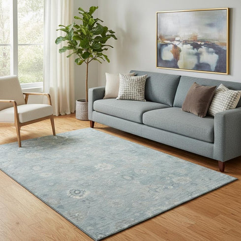 5' X 8' Blue And Ivory Damask Washable Area Rug With UV Protection