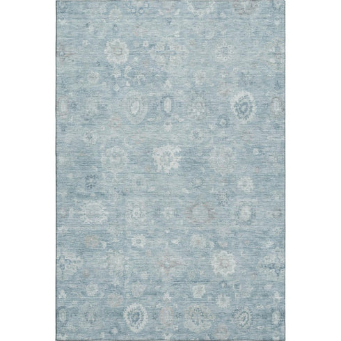 5' X 8' Blue And Ivory Damask Washable Area Rug With UV Protection