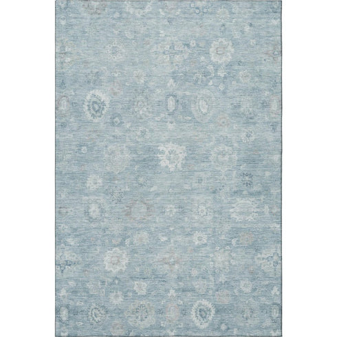 5' X 8' Blue And Ivory Damask Washable Area Rug With UV Protection