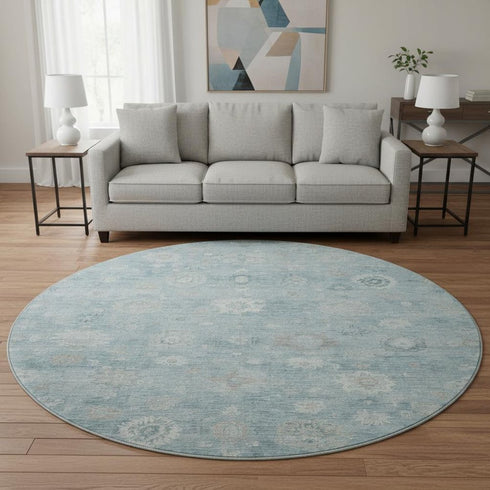 8' Blue And Ivory Damask Washable Round Rug With UV Protection