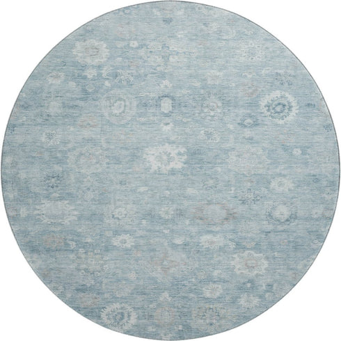 8' Blue And Ivory Damask Washable Round Rug With UV Protection