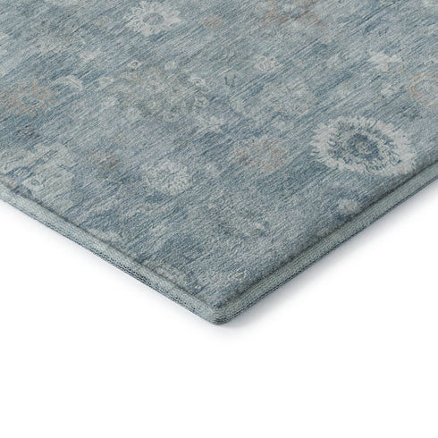 8' Blue And Ivory Damask Washable Round Rug With UV Protection