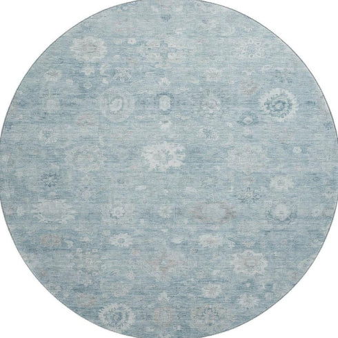 8' Blue And Ivory Damask Washable Round Rug With UV Protection
