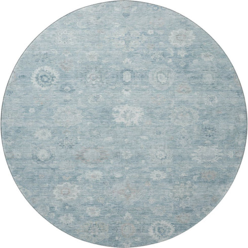 8' Blue And Ivory Damask Washable Round Rug With UV Protection