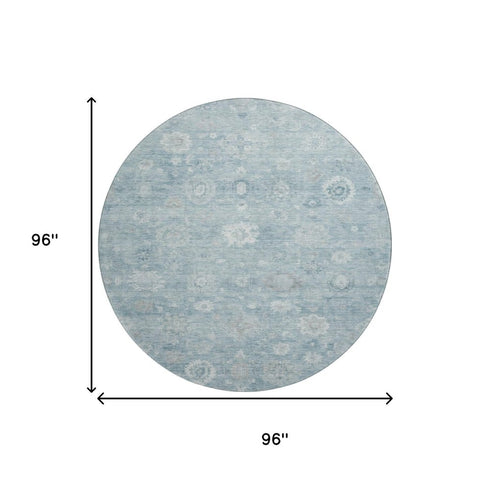 8' Blue And Ivory Damask Washable Round Rug With UV Protection