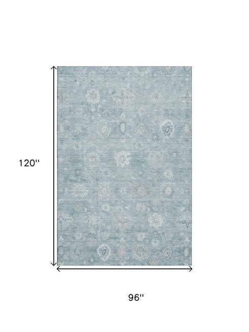 8' X 10' Blue And Ivory Damask Washable Area Rug With UV Protection