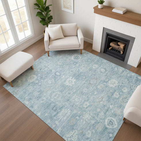 8' X 10' Blue And Ivory Damask Washable Area Rug With UV Protection