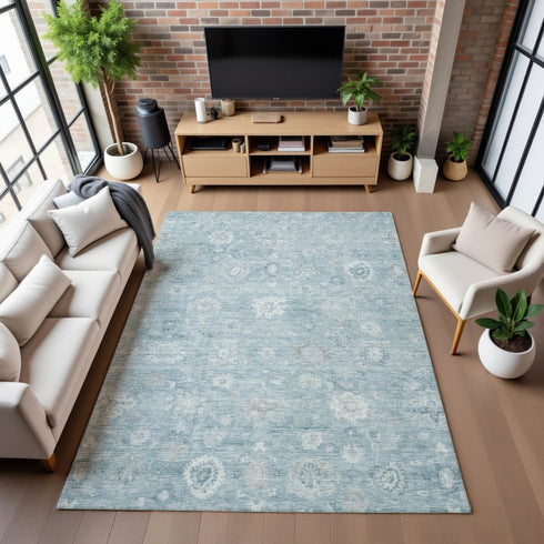8' X 10' Blue And Ivory Damask Washable Area Rug With UV Protection