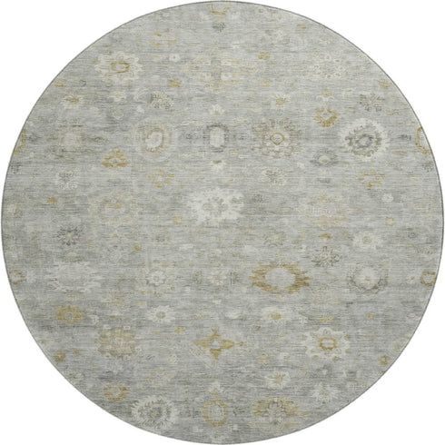 8' Gray Gold And Ivory Damask Washable Round Rug With UV Protection