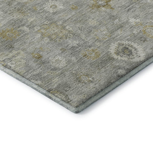 8' Gray Gold And Ivory Damask Washable Round Rug With UV Protection