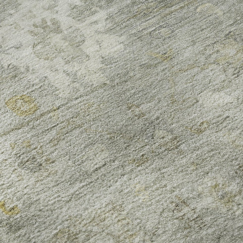 8' Gray Gold And Ivory Damask Washable Round Rug With UV Protection