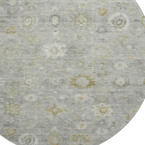 8' Gray Gold And Ivory Damask Washable Round Rug With UV Protection