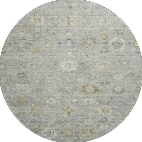 8' Gray Gold And Ivory Damask Washable Round Rug With UV Protection