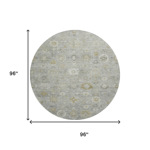 8' Gray Gold And Ivory Damask Washable Round Rug With UV Protection