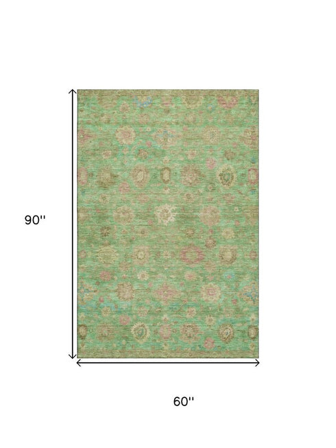 5' X 8' Lime Green Pink And Teal Damask Washable Area Rug With UV Protection