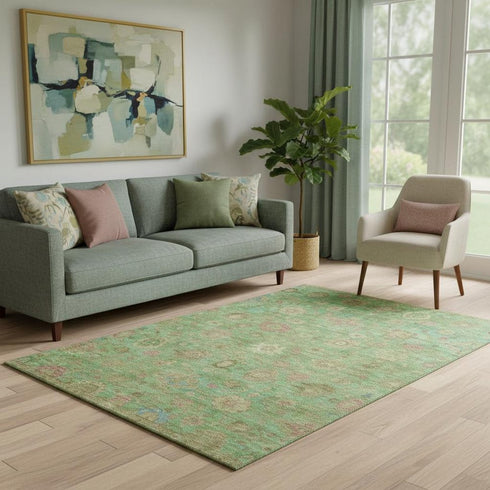 5' X 8' Lime Green Pink And Teal Damask Washable Area Rug With UV Protection