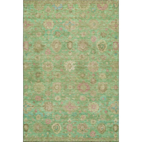 5' X 8' Lime Green Pink And Teal Damask Washable Area Rug With UV Protection