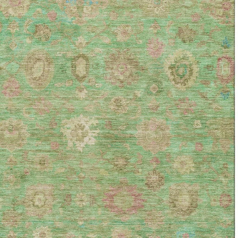 5' X 8' Lime Green Pink And Teal Damask Washable Area Rug With UV Protection