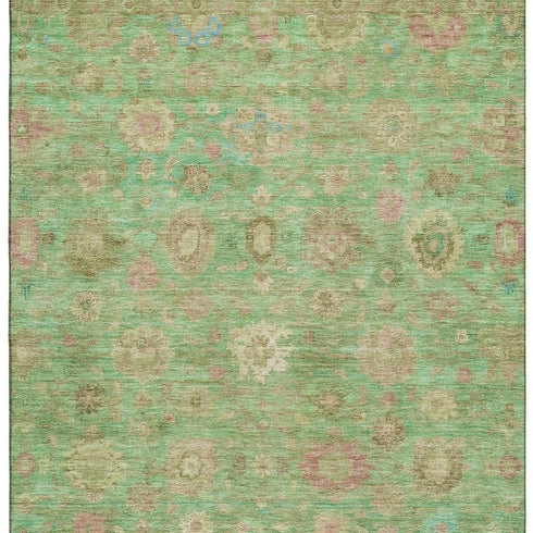 5' X 8' Lime Green Pink And Teal Damask Washable Area Rug With UV Protection