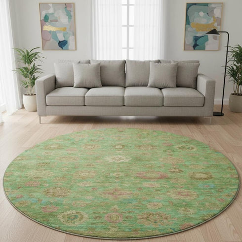 8' Lime Green Pink And Teal Damask Washable Round Rug With UV Protection